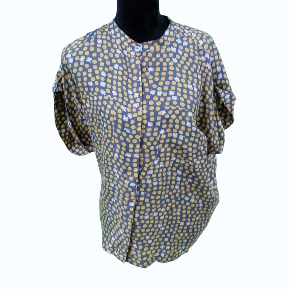 Cabi Silk Blouse LARGE Gray Yellow Polka Dot White Floral Short Sl Structured‎
